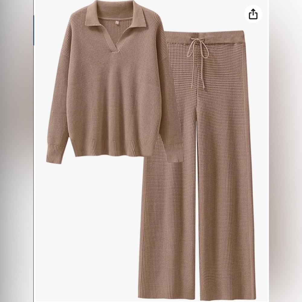 Amazon Women's Knit Polo Sweater & Drawstring Wide-Leg Pants in Taupe